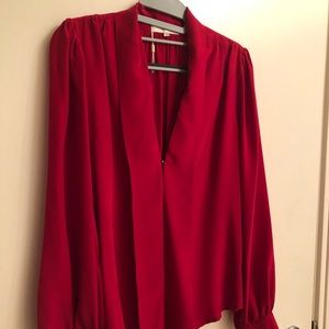 RED SILK SURPLICE NECKLINE LONG SLEEVE BLOUSE
